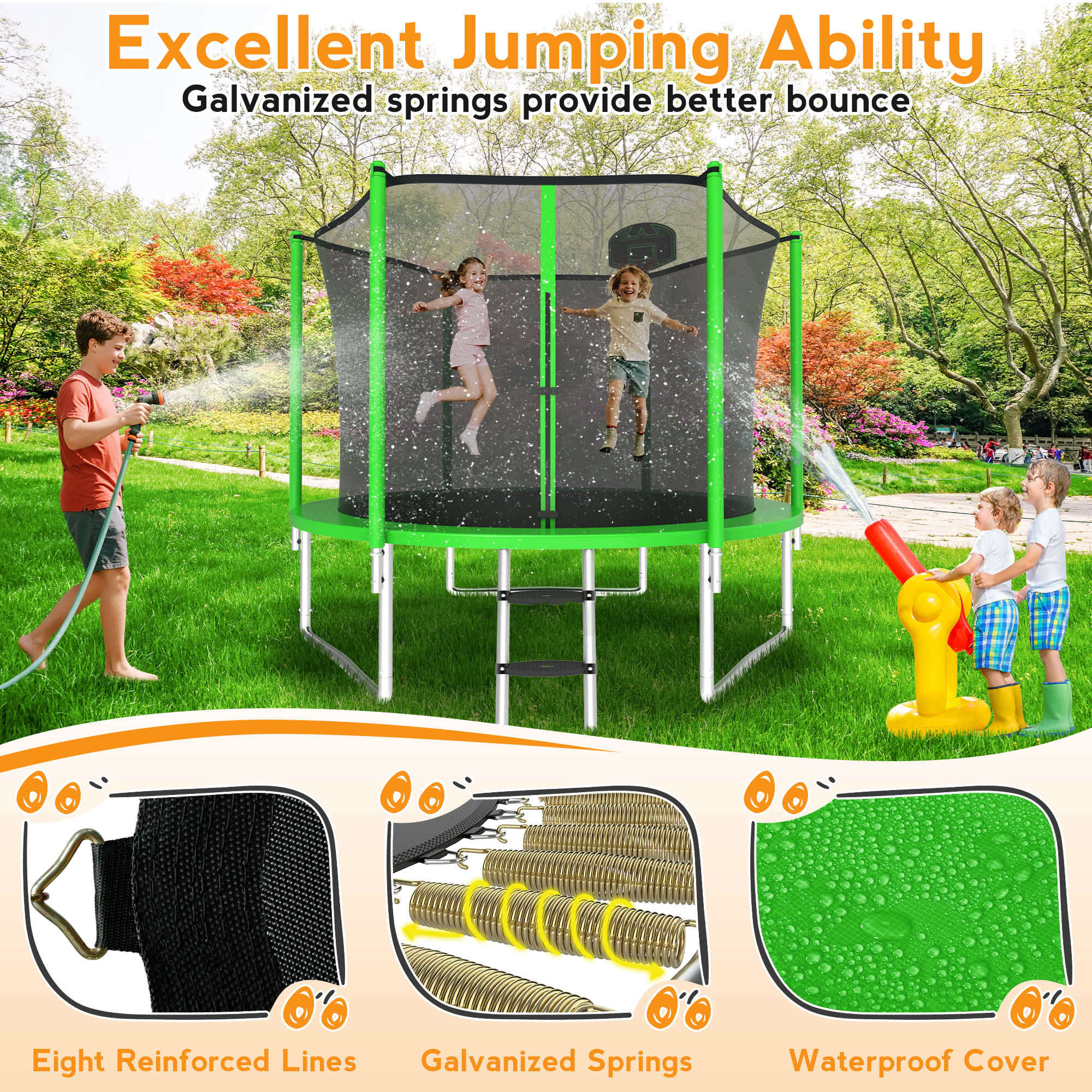 KOFUN 1000LBS 10FT Trampoline for Kids and Adults Outdoor Backyard Trampoline with Safety Enclosure Net, Basketball Hoop, 3 Anchor Kits, Ladder, A Ball, Green