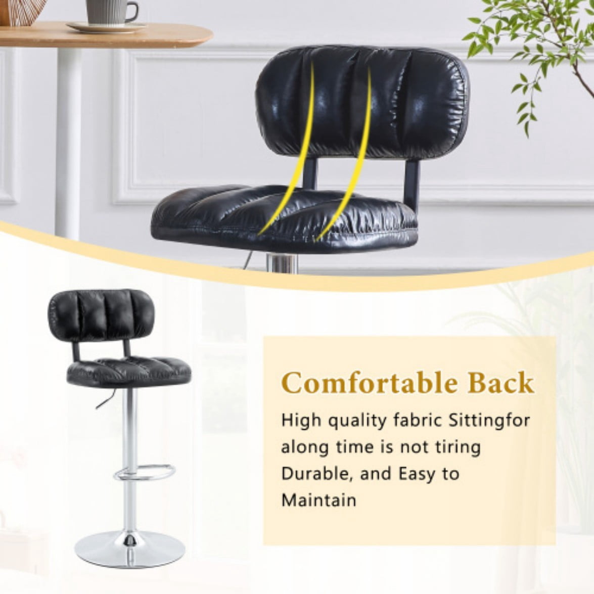 Set of 2 Adjustable Bar Stools, PU Leather Counter Height Chairs with Chrome Base & Footrest for Kitchen Island, Home Bar & Game Room, Black & Silver