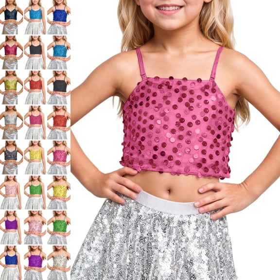 Bmisegm Workout Tops Kids' Adjustable Elastic Band Crop Top Summer Blouses for Over Ages 501_Hot Pink,5-7 Years