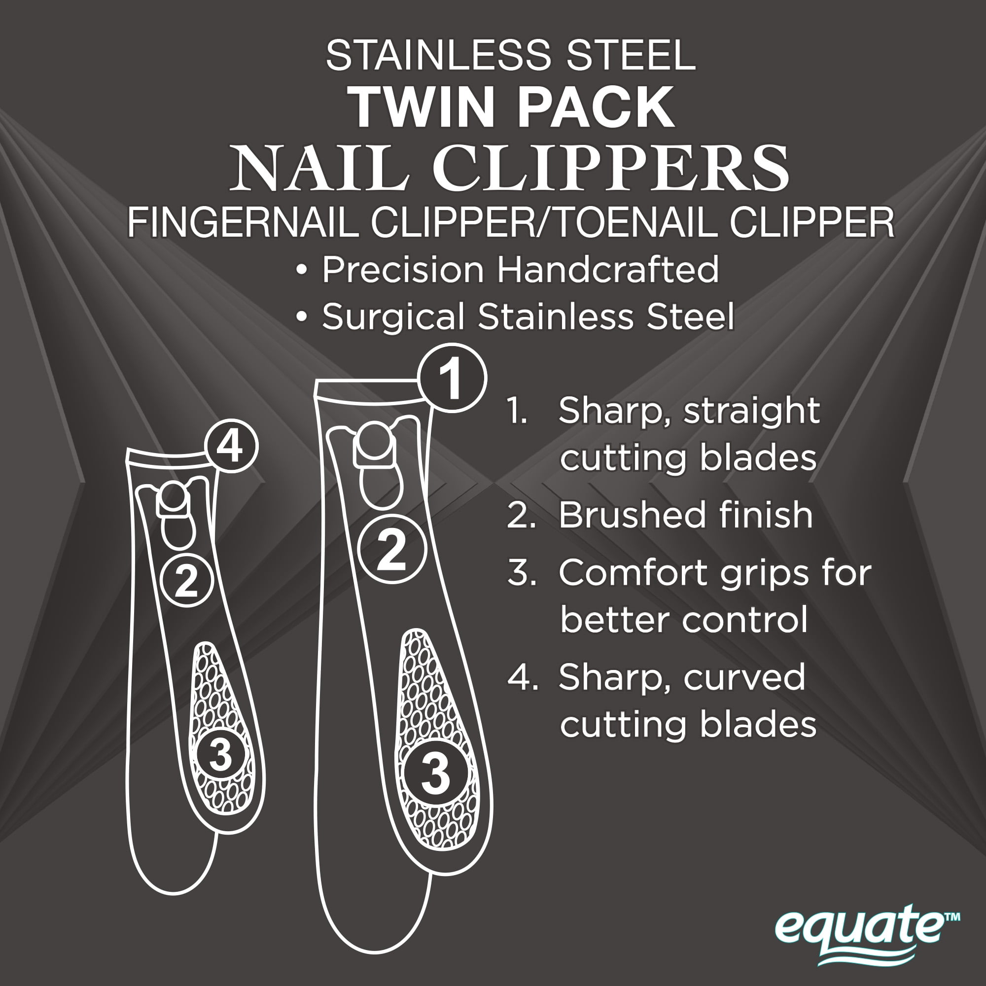 Equate Stainless Steel Twin-Pack Nail Clippers, 2 Pieces