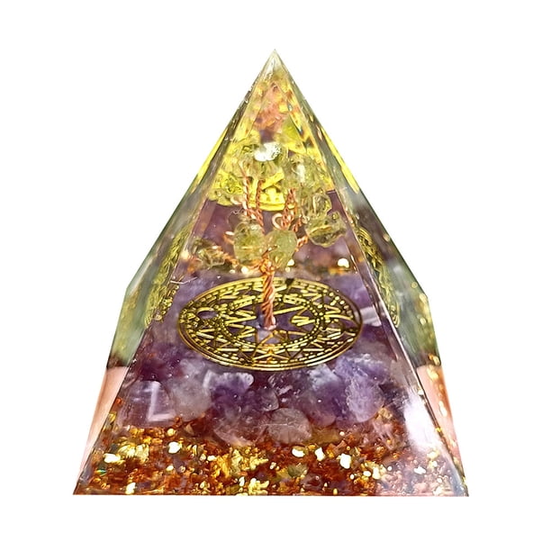 Escultura en forma de pirámide de piedra de cristal de 5 cm con árbol de la vida de resina