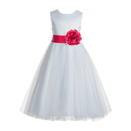 EkidsBridal V-Back Lace Edge White Flower Girl Dresses Silver Baptism Dress Birthday Girl Dress Ball Gown Communion Dresses 183T