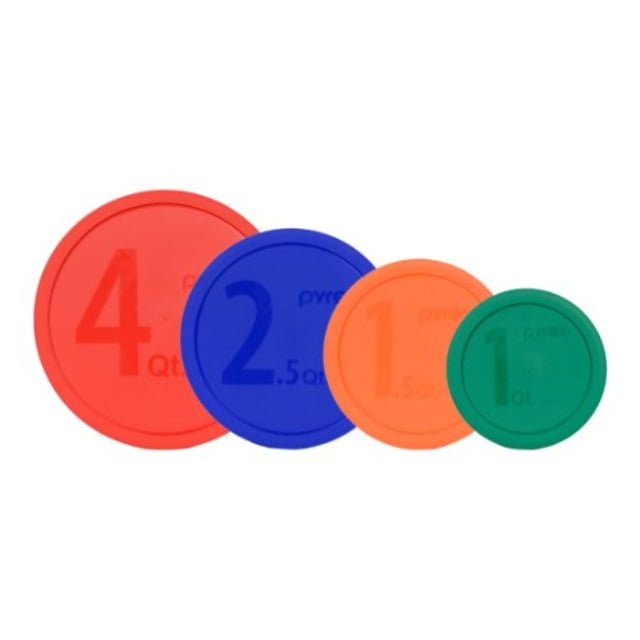 pyrex mixing bowl lid set: (1) 326-pc red, (1) 325-pc blue, (1) 323-pc orange, (1) 322-pc green