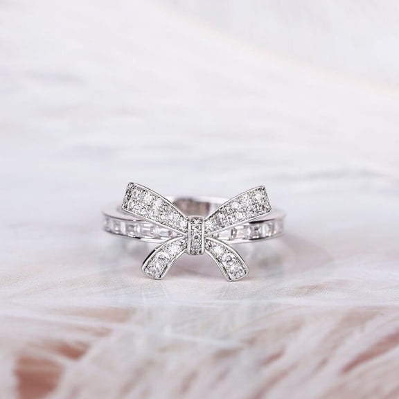 Bow Jewel Unique Simple Engagement Wedding Diamond Ring - Round & Emerald Cut Excellent 1.08 Ct Diamond Ring For Women's - 14K White Gold Plated Ring - Bow Tie Diamond Ring - Gifts for Women's