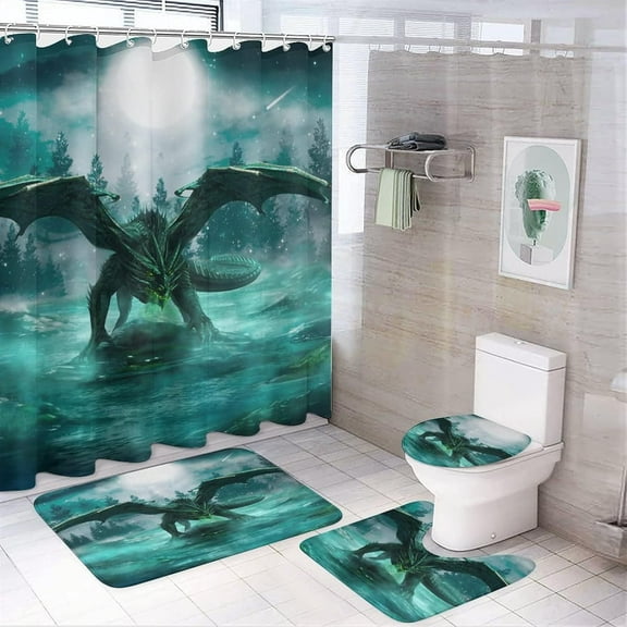 Fantasy Galaxy Dragon Anime 4 Piece Shower Curtain Sets, Non-Slip Rugs, Toilet Lid Cover and Bath Mat, Durable and Waterproof, for Bathroom Decor Set One Size