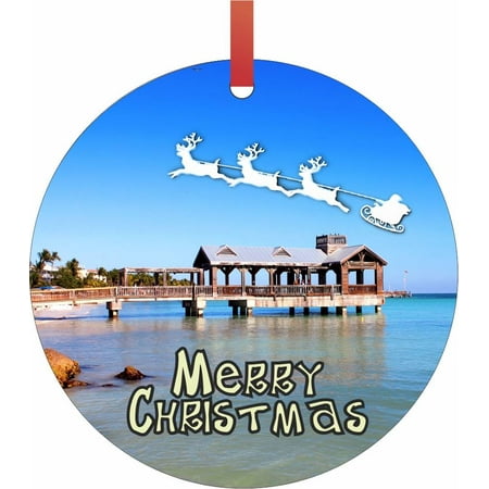 Santa & Sleigh Over the Florida Keys-Flat Round - Shaped Christmas Holiday Hanging Tree Ornament Disc Made in the