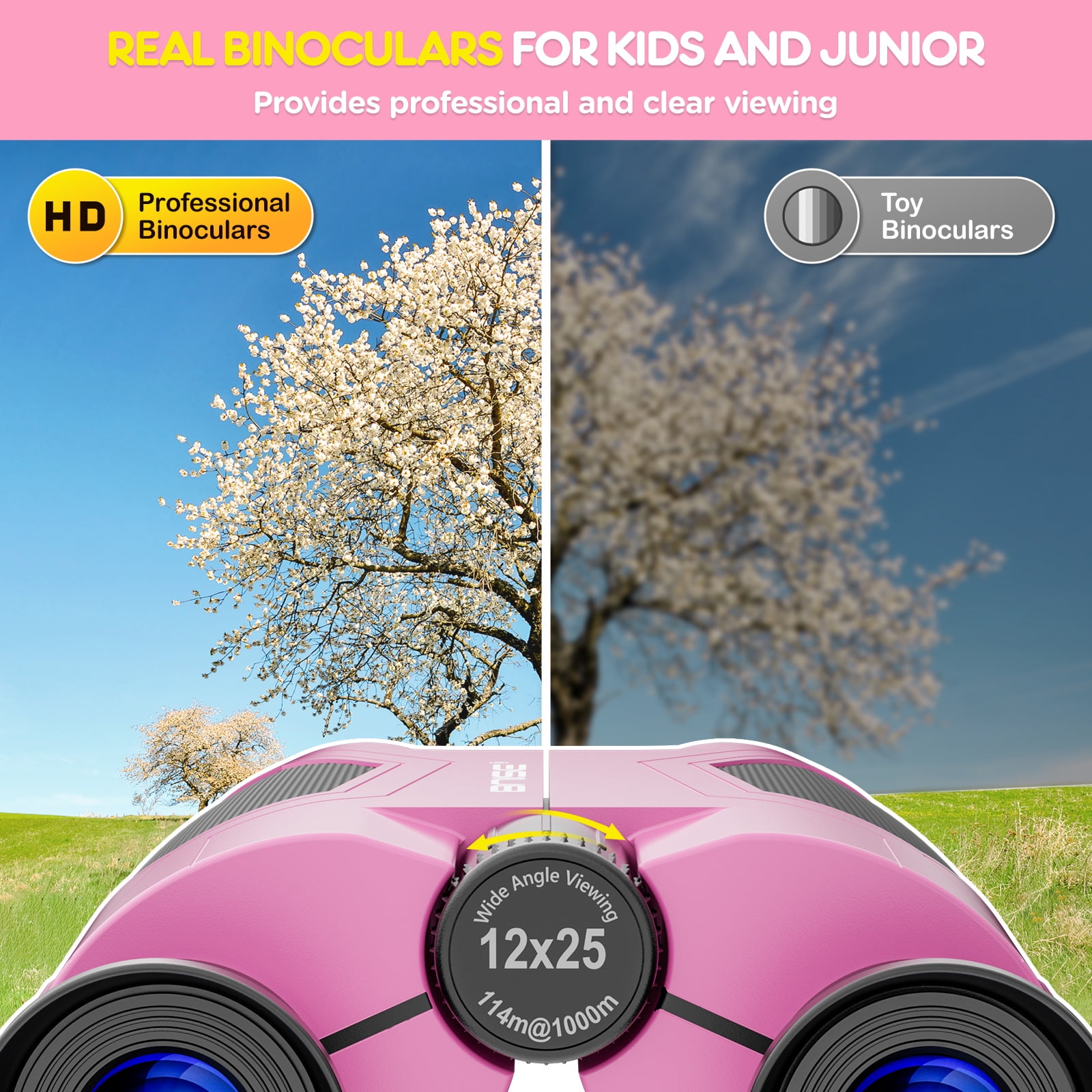 BNISE 10x25 Compact Binoculars for Adults and Kids-Small Binoculars for Travel Bird Watching Waterproof/Easy Focus/High Powered/ Low Light Vision-Pink