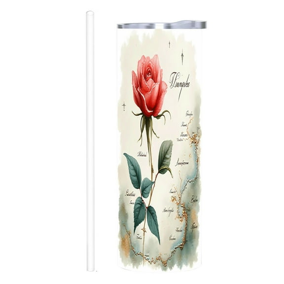 20 oz Stainless Steel Insulated Tumbler with Floral Red Rose Design Vintage Map Background Silver Lid & Straw - Perfect for Home Office & Travel