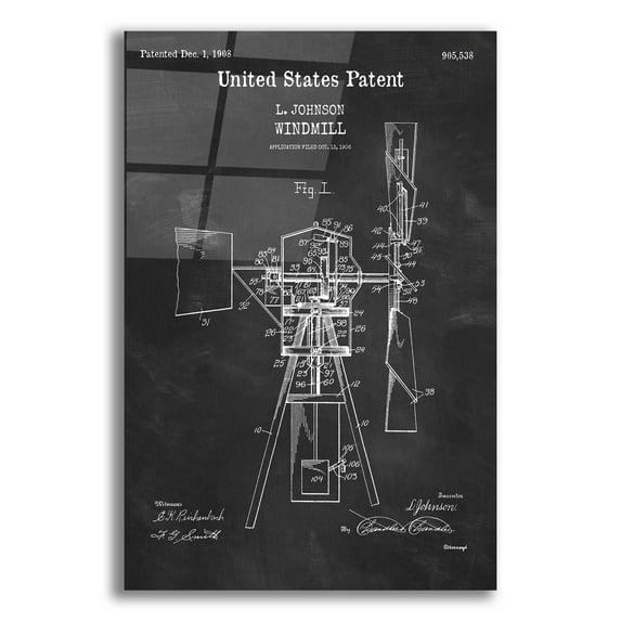 Epic Art 'Windmill Blueprint Patent Chalkboard,' Acrylic Glass Wall Art, 12"x16"