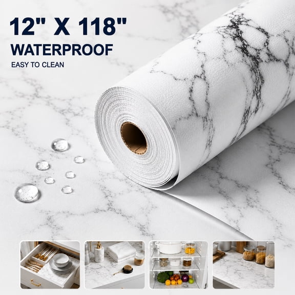 12 in X 118 in Drawer and Shelf Liner for Kitchen Cabinet : Non Slip Waterproof Shelf Paper EVA Non Adhesive Refrigerator Liners White Marble Easy Liners for Bathroom Cupboard .