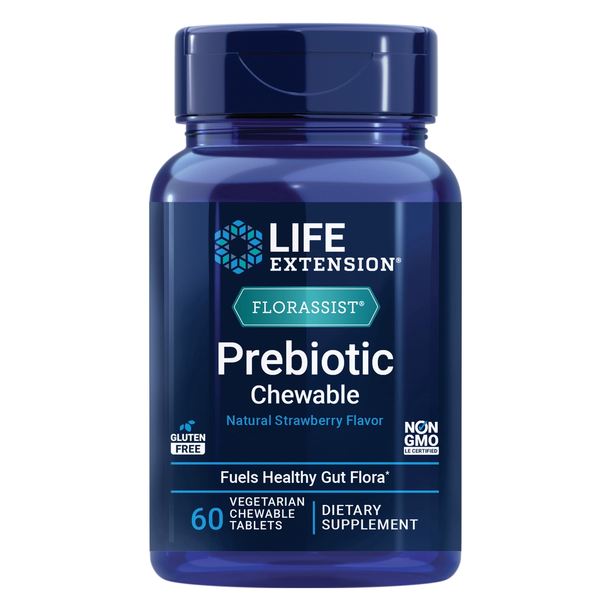 Life Extension FLORASSIST Prebiotic Chewable (Strawberry), 1000 mg, prebiotic supplement provides fuel for gut flora, gluten-free, non-GMO, vegetarian, 60 chewable tablets