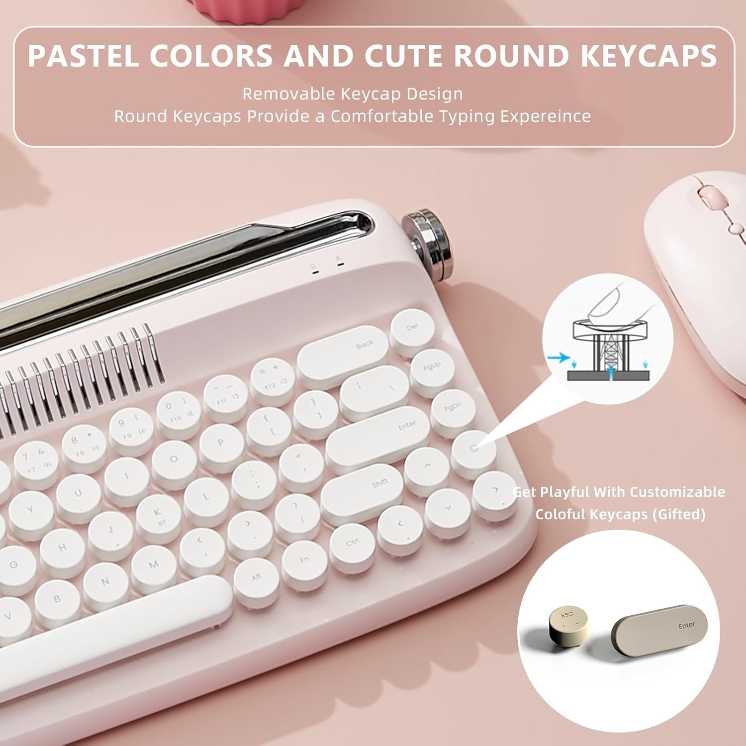 YUNZII Retro Wireless Typewriter Keyboard with Stand, USB-C/Bluetooth, Cute Round Keycaps,Stand for Table, Phone, PC and Win/Mac/Android,Pink