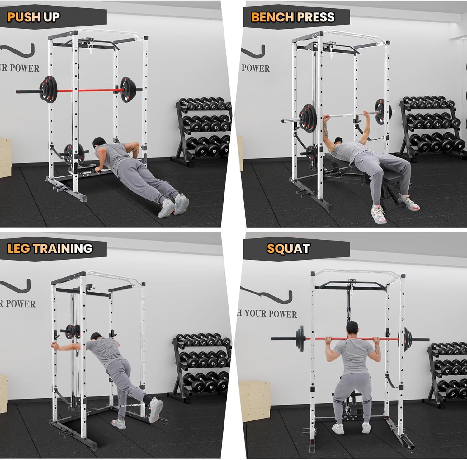 Hetoy 1600 Lbs Power Rack for Home Gym Squat Rack with Cable Pulley System & LAT Pull Down Workout Cage Strength Training Weight Cage with Dip Bar & J Hooks for Multiple Exercises,White