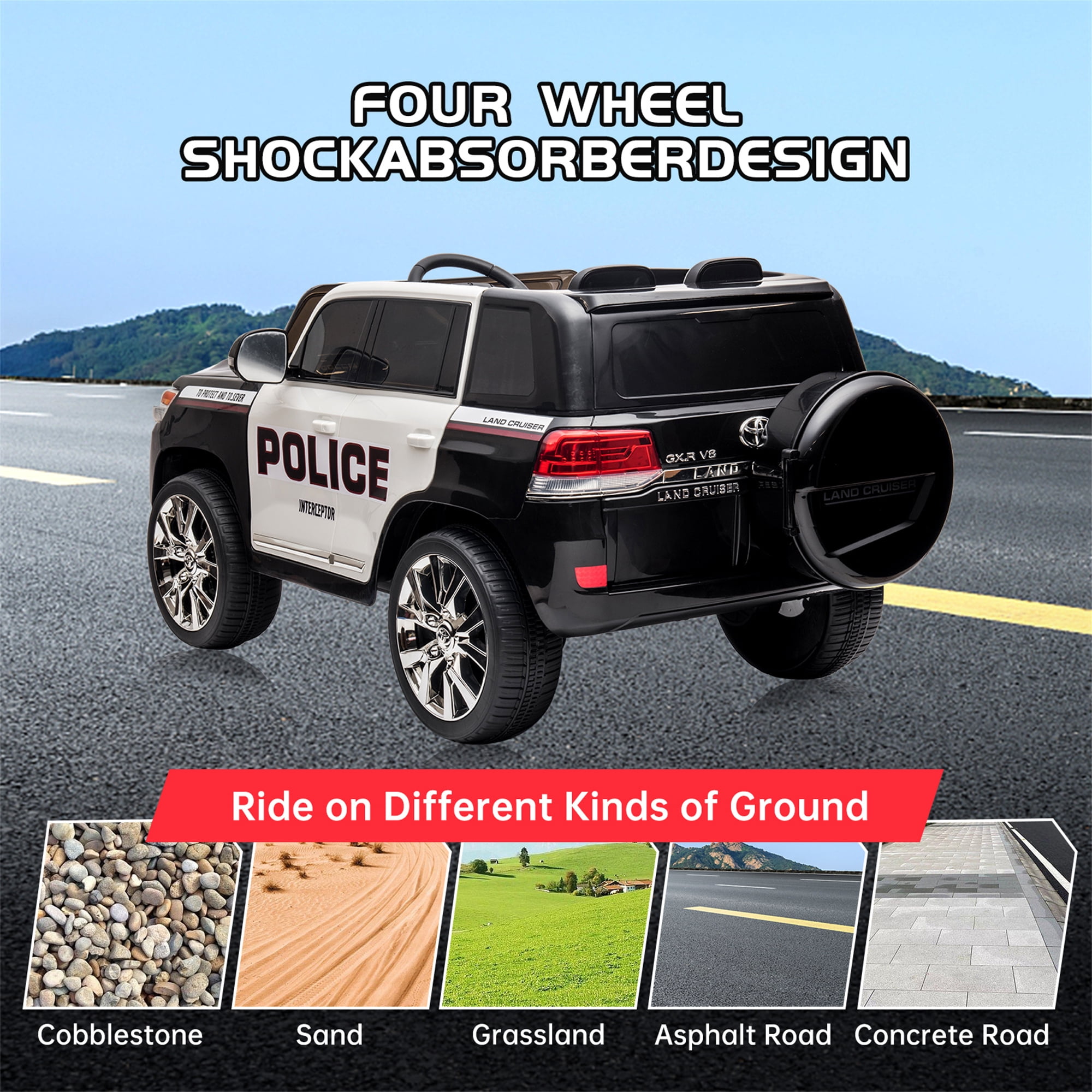12V Licensed Toyota Land Cruiser 2-Seater Electric SUV Police Car with Remote, 2 Motors, 3 Speeds