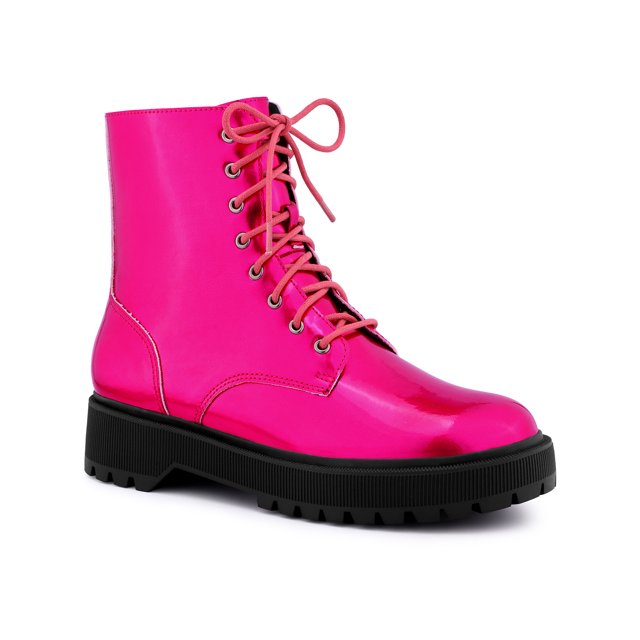 Allegra K Bottines de Combat à Lacets Plateforme Bout Rond pour Femmes Rose Vif 7.5