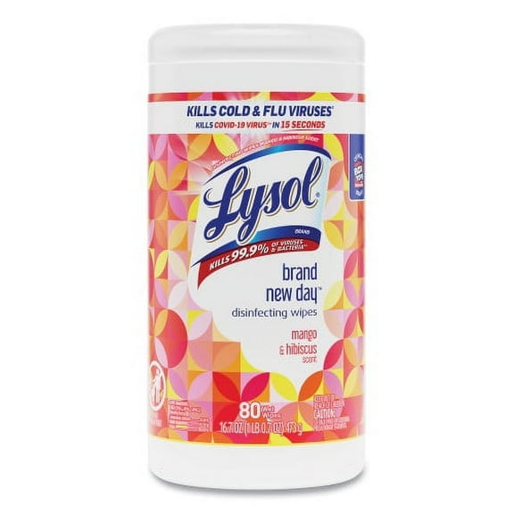 LYSOL Brand Disinfecting Wipes, 1-Ply, 7 x 7.25, Mango and Hibiscus, White, 80 Wipes/Canister, Each
