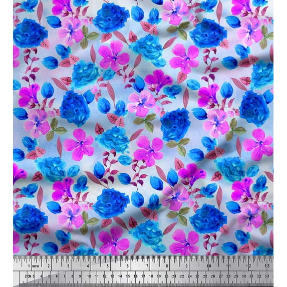 Soimoi Blue Cotton Cambric Fabric Leaves & Floral Fabric Prints by Yard 56 Inch Wide