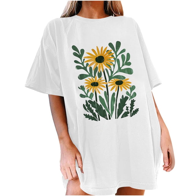 Faldas Cortas para Mujeres, Impresión de Flores Casual Oversized Camiseta de Manga Corta Top Hecho de 95% Poliéster 5% Spandex para Primavera Verano, Falda Corta de Verano