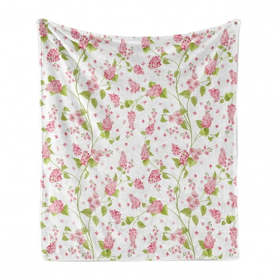 Shabby Flora Soft Flannel Fleece Throw Blanket, Nature Blossoms Buds Flowers Lavenders Florals Leaves Ivy Artwork, Cozy Plush for Indoor and Outdoor Use, 70" x 90", Pink White and Green, by Ambesonne