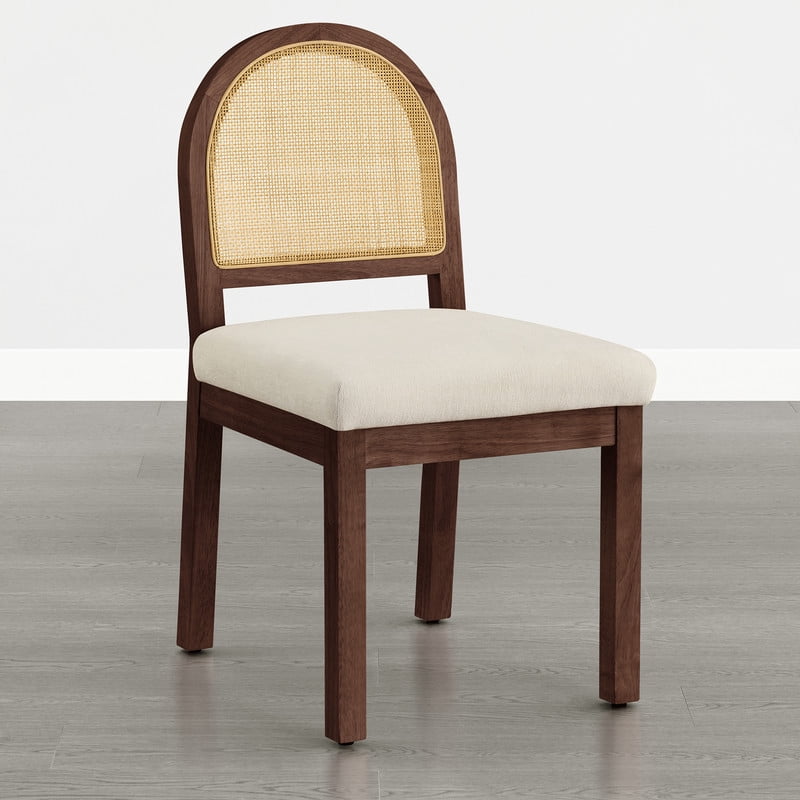 Spruce & Spring Boho Upholstered Dining Chairs Set of 2 with Natural Cane Back, Solid Walnut Wood Frame for Kitchen Island, Cream Fabric