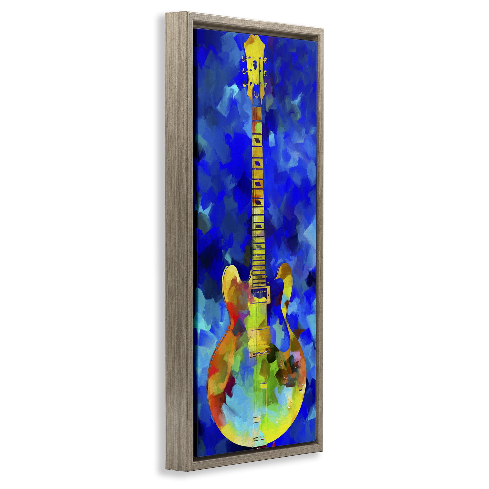 Stupell Industries Abstract Guitar on Blue Entertainment Painting Brown Floater Framed Canvas Art Print Wall Art, 14 x 31