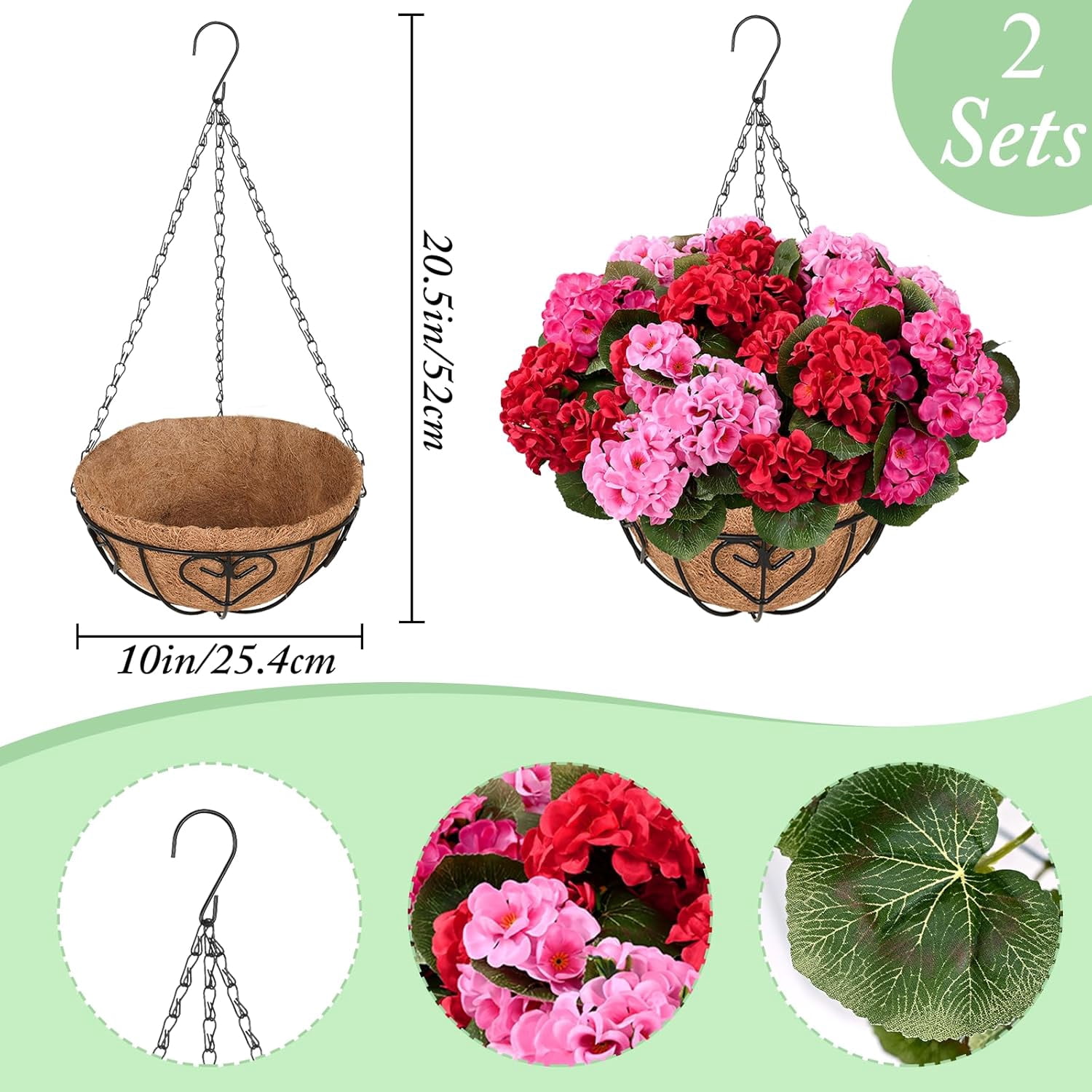 Waipfaru 2 Pack Artificial Geraniums Hanging Basket,UV Resistant Faux Silk Flowers for Outdoors,Realistic Fake Hanging Plants for Home Garden Decor