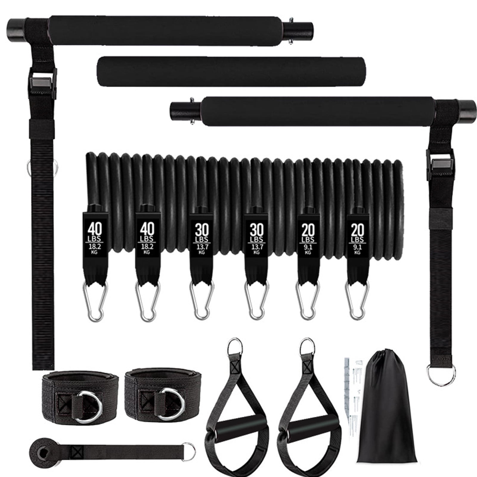 BESTSKY 3-Section Pilates Bar Kit with Resistance Bands,Portable Home Gym Yoga Exercise Stick for Squats,Black