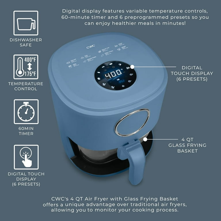 COOK WITH COLOR 4-Quart Air Fryer with Glass Basket, Navy, Digital
