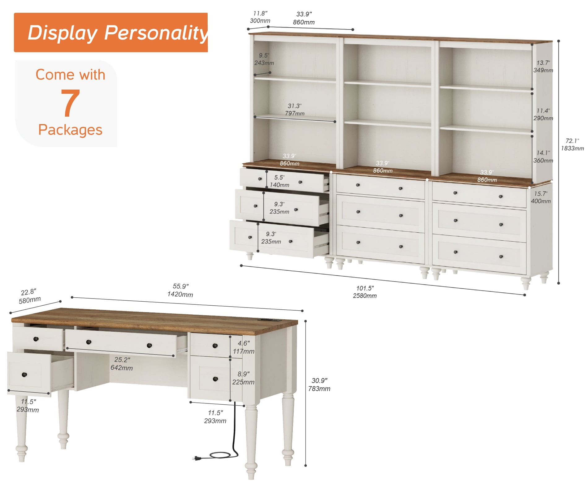 2 Piece Office Set, 56" Executive Desk & Set Of 3 Bookcases With Drawers, White