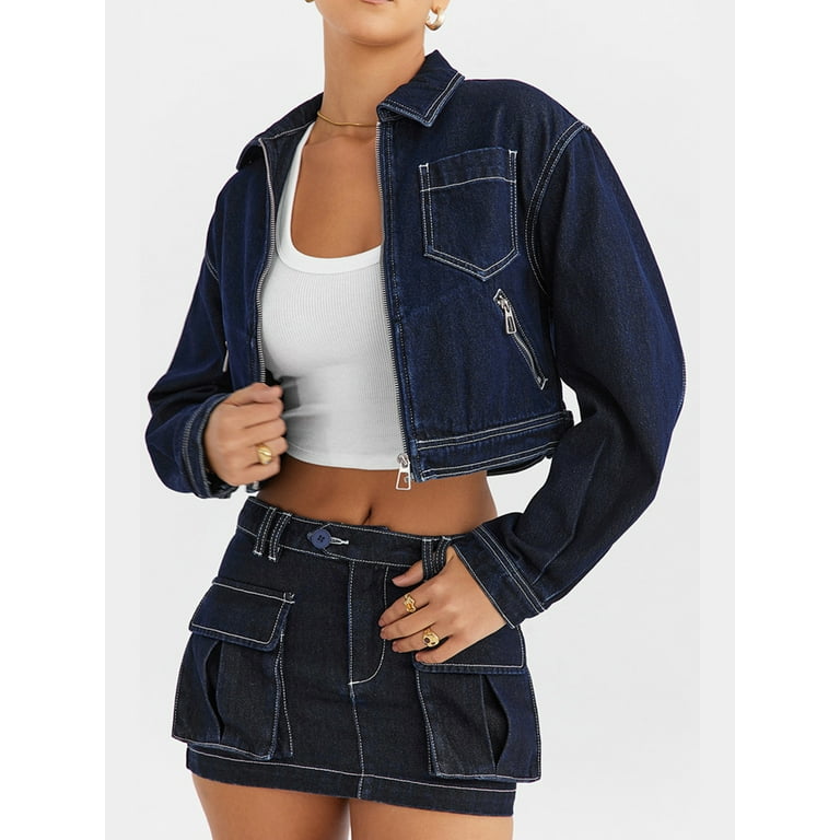 Women Denim Jacket, Long Sleeve Turn-down Collar Zipper