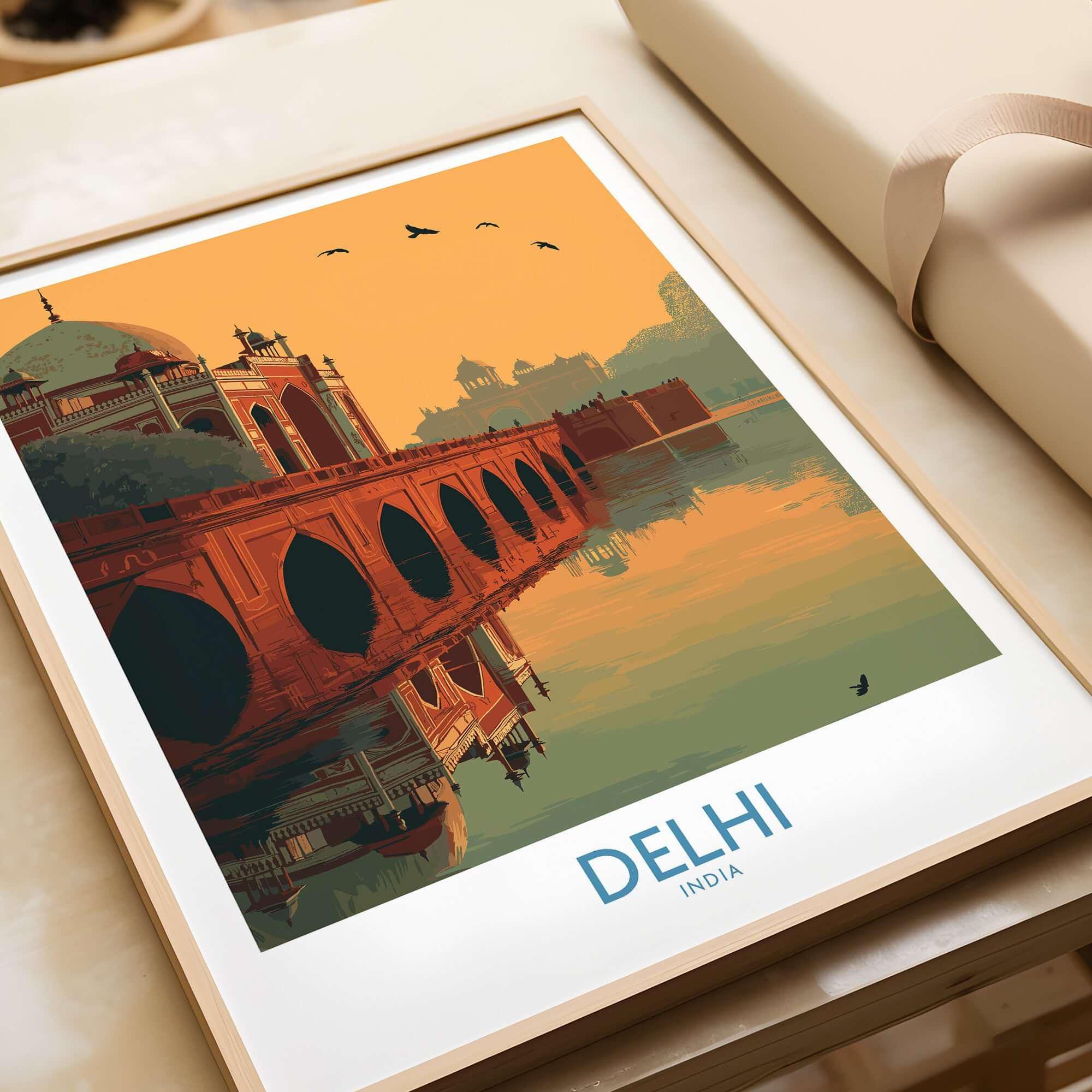 India Sunset Travel Poster Delhi Humayuns Tomb Bridge View Print Mughal Wall Art India Gif