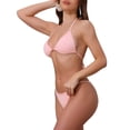 thumbnail image 4 of Conjunto de bikini de 4 piezas para mujer Inspire Chic con nudo en el cuello, cubre bañador de manga corta y parte inferior triangular, trajes de baño en rosa medio, 4 of 5