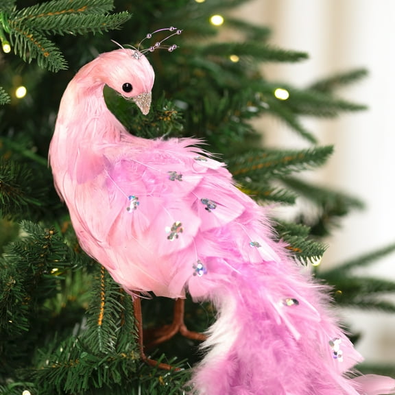 Northlight Glittered and Jeweled Peacock Christmas Decoration with Mini Faux Pearls - 22" - Pink