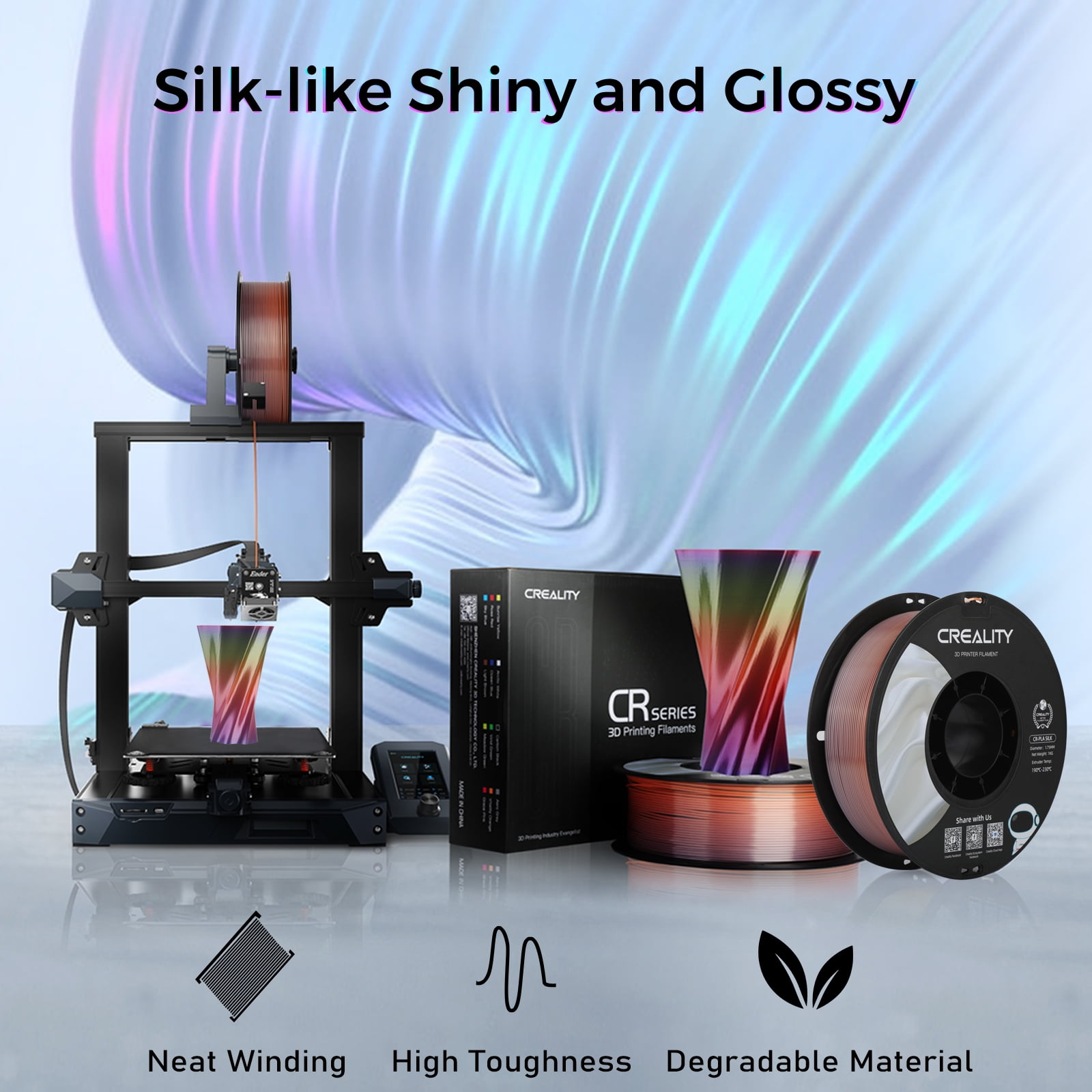 Creality 3D Printing Silk PLA Filament 3D Printer Blue Green Shiny Filaments 1.75mm Neatly Wound Dimensional Accuracy +/- 0.03 mm Silk Smooth Printing 2.2lbs for Most 3D Printers