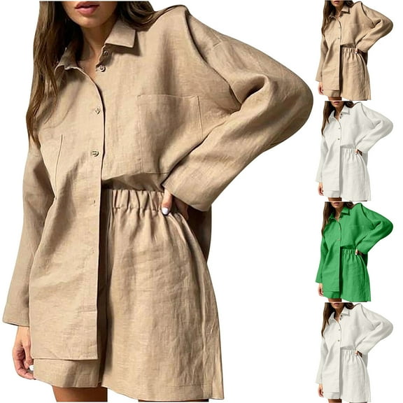 Dazajoo Women 2 Piece Casual Tracksuit Outfit Sets Cotton Linen Long Sleeve Button Down Shirt and High Waisted Shorts,White,L