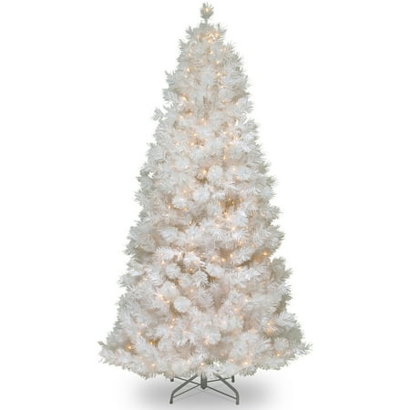National Tree Pre-Lit 7-1/2' Wispy Willow Grande White Slim Hinged Artificial Christmas Tree with Silver Glitter and 500 Velvet Frost White Lights