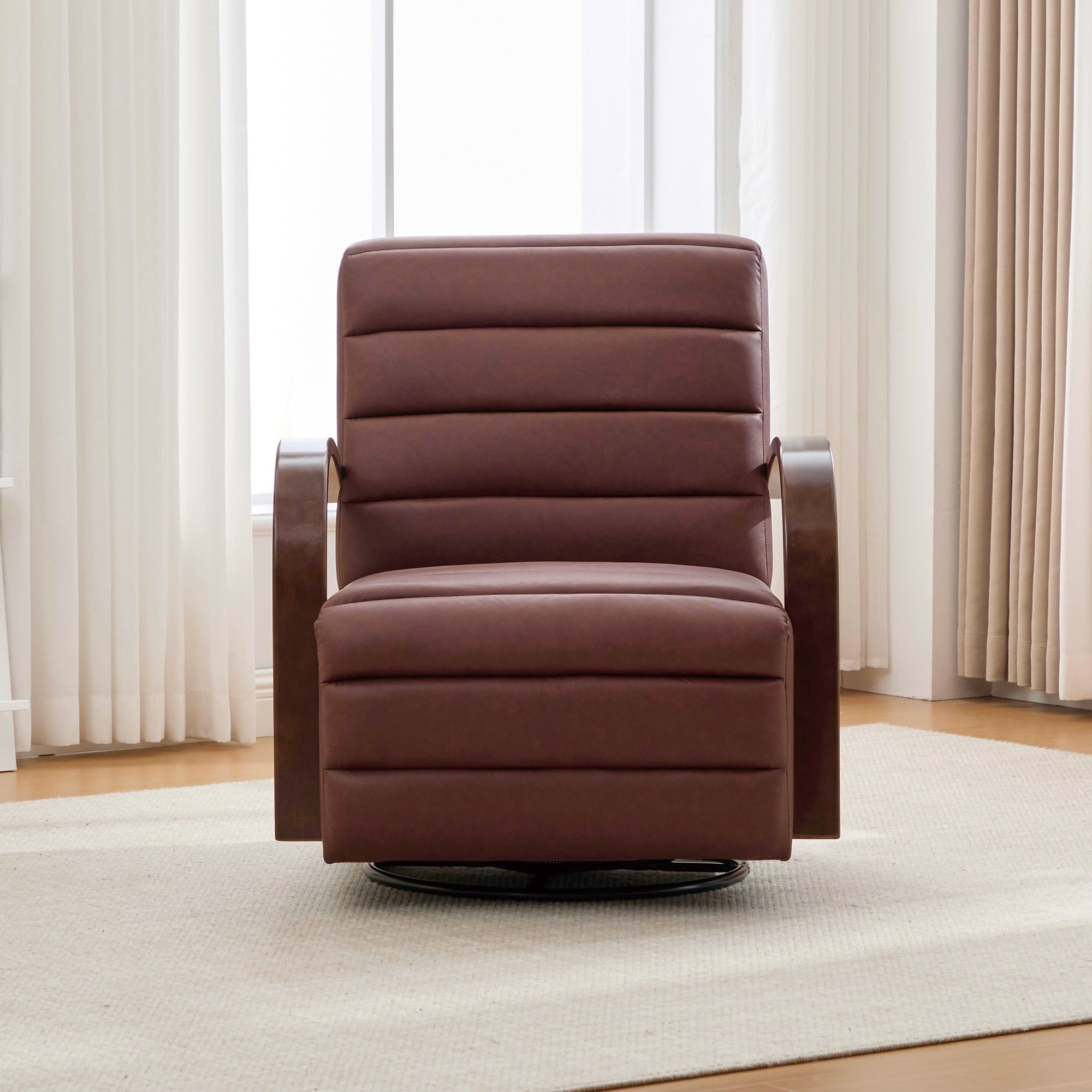 360° Swivel Accent Chair with Solid Wood Armrests,30.7"W PU Lounge Reading Chair Single Sofa Armchair for Bedroom Living Room Office,Brown