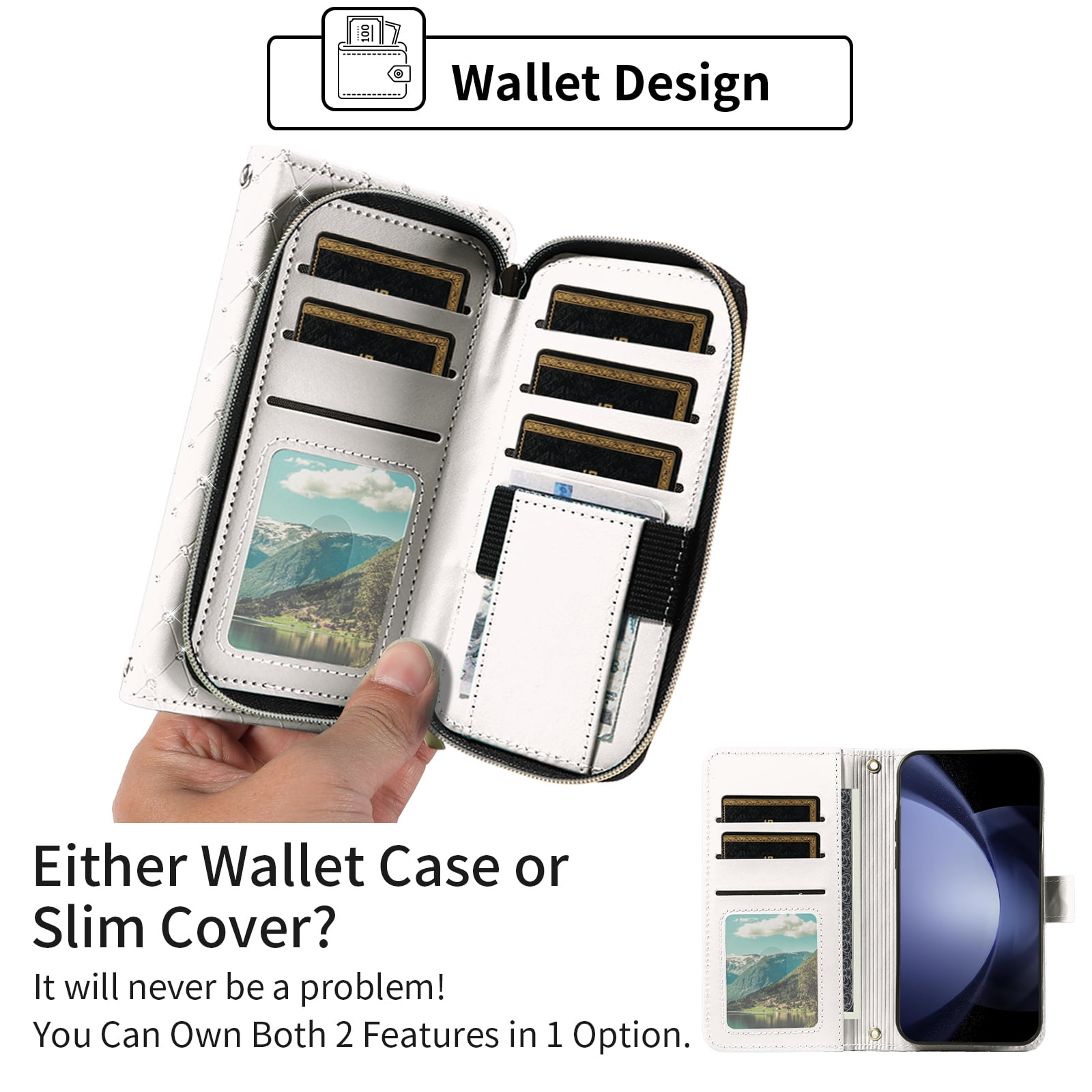 Asuwish Compatible with Samsung Galaxy Z Fold 5 5G 2023 Wallet Phone Case and Bling Glitter Crossbody Lanyard Strap Flip Zipper Purse Card Holder Cell Cover for ZFold5 Z5 G Fold5 5Z Women Men White
