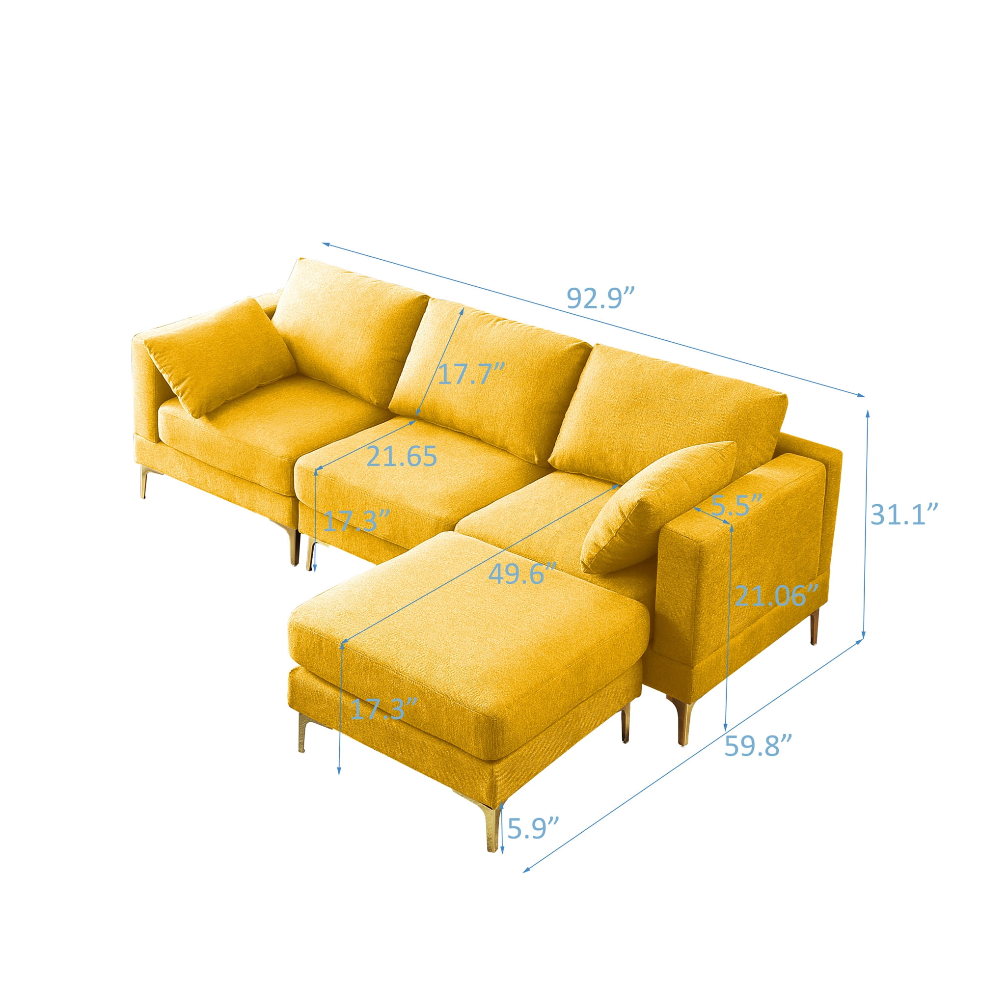Aukfa 3-piece Modular Sectional Sofa, Loveseat, Chair, Ottoman, L shape Couch for Living Room, Yellow