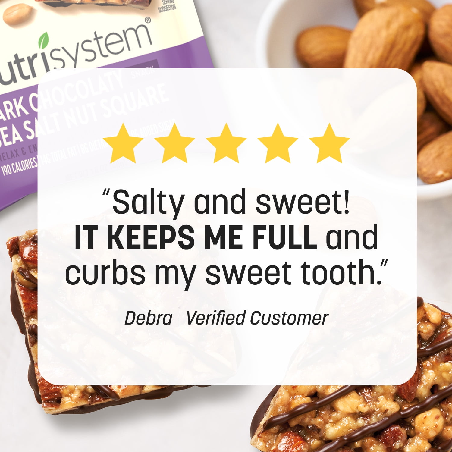 Nutrisystem Dark Chocolatey Sea Salt Nut Squares Bites, Low Carb Snack, Shelf-Stable, 15 Count