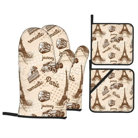

Oven Mitts and Pot Holders Sets 4 pcs Eiffel Tower Vintage Non-Slip Oven Gloves Potholders Soft Quilted Lining Heat Resistant Gloves Hot Pads for Kitchen Cooking Baking