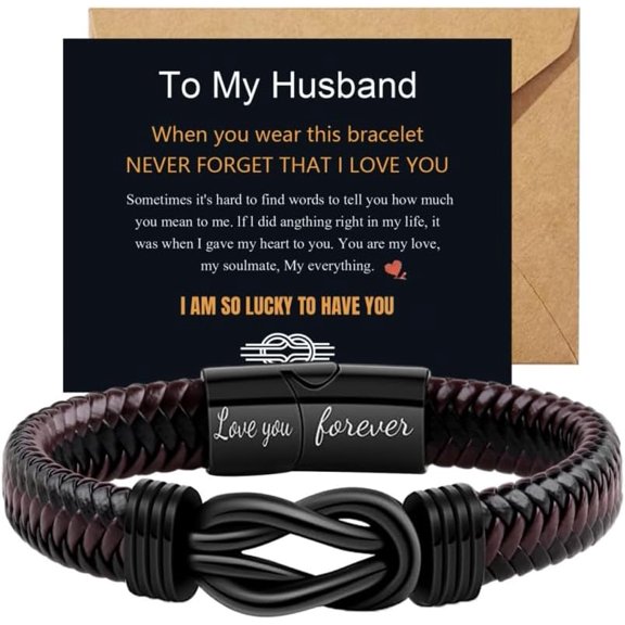 Forever Linked Together Braided Leather Bracelet Stainless Steel Infinity Knot Bracelets with Greeting Cards Lettering Birthday Christmas Gifts for Man Son Husband Boyfriend Dad Grandson