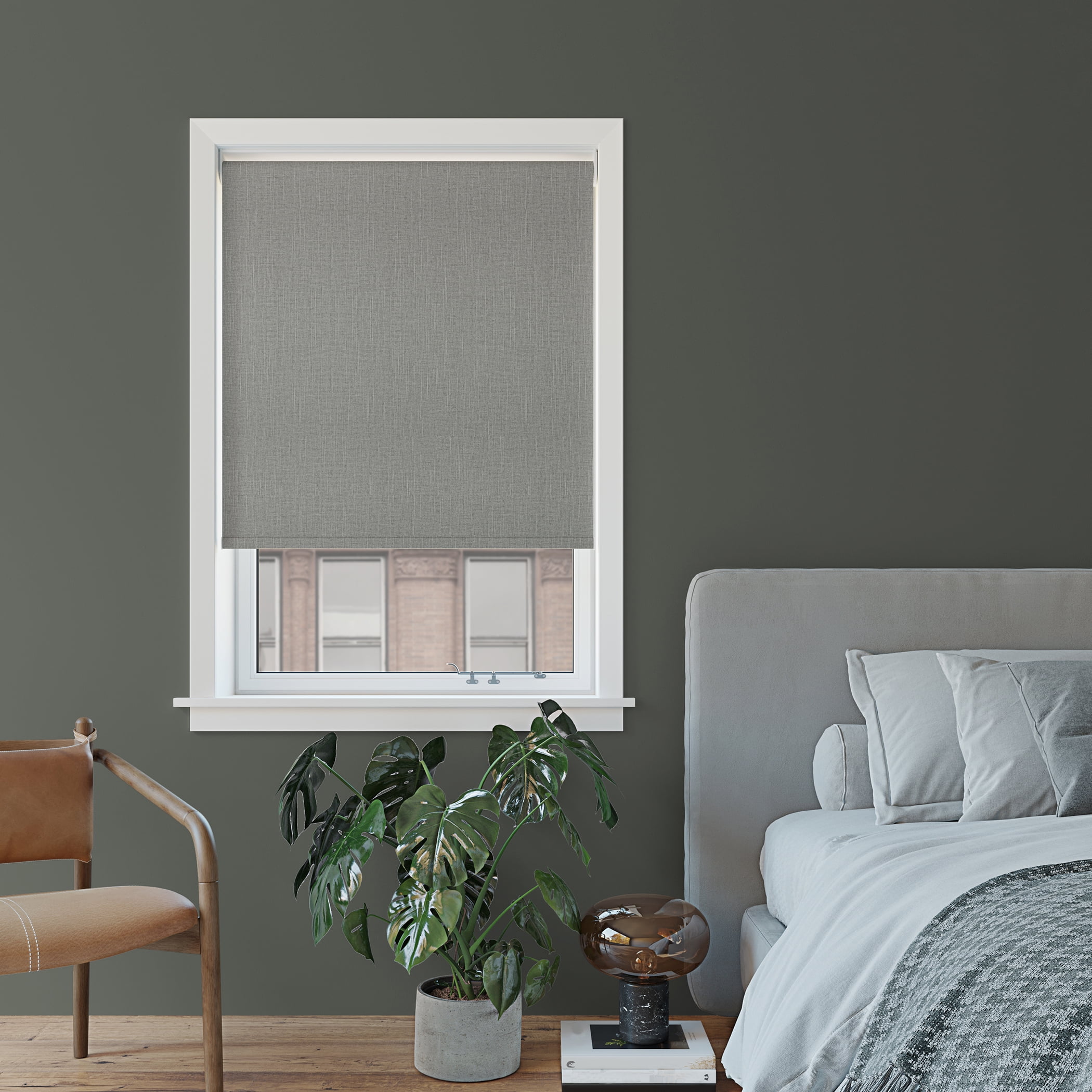 Sun Zero Everly Slub Texture 100% Blackout Cordless Roller Shade, 27"x72", Gray