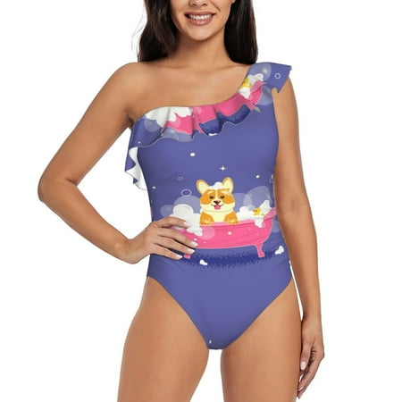 Coaee Dog Washes in a Pink Bath Women s One Piece Swimsuits One Shoulder Swimwear Asymmetric Ruffle Monokinis Bathing Suits - X-Large