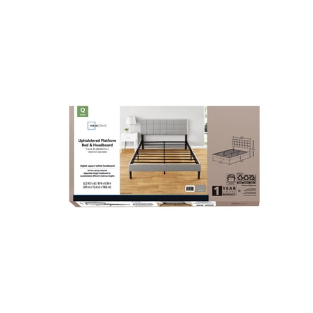 MAINSTAYS GRAY UPHOLSTERED SQUARE TUFTED PLATFORM BED, NO BOX SPRING NEEDED, QUEEN