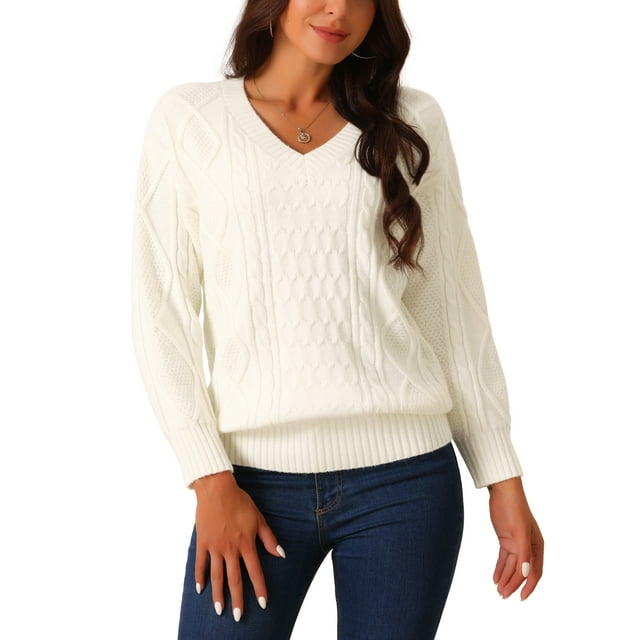 Suéter de manga larga con cuello en V para mujer, suelto, grueso y cálido, top de suéter beige M