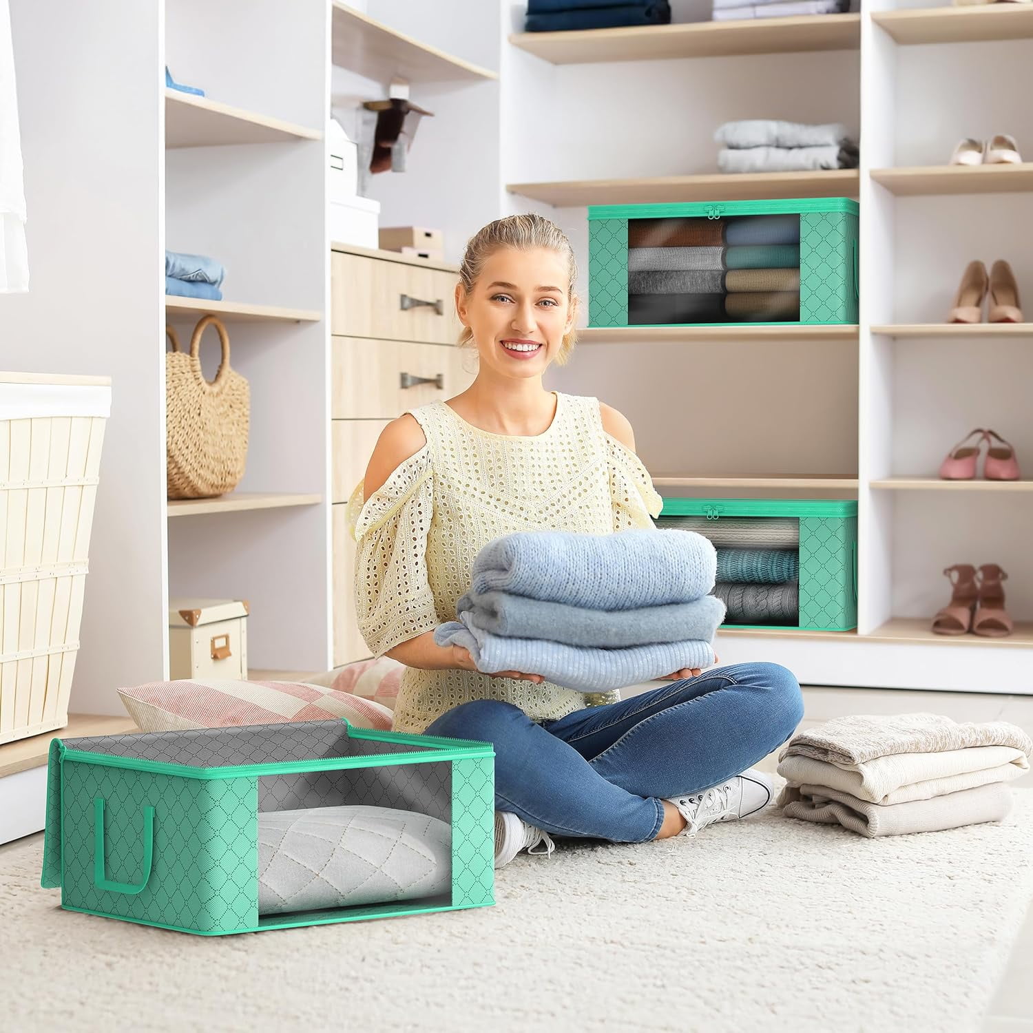 Sorbus Medium Clothes Storage Bag, Foldable with Clear Window, Lids, and Handles, for Bedroom, Closet Organization