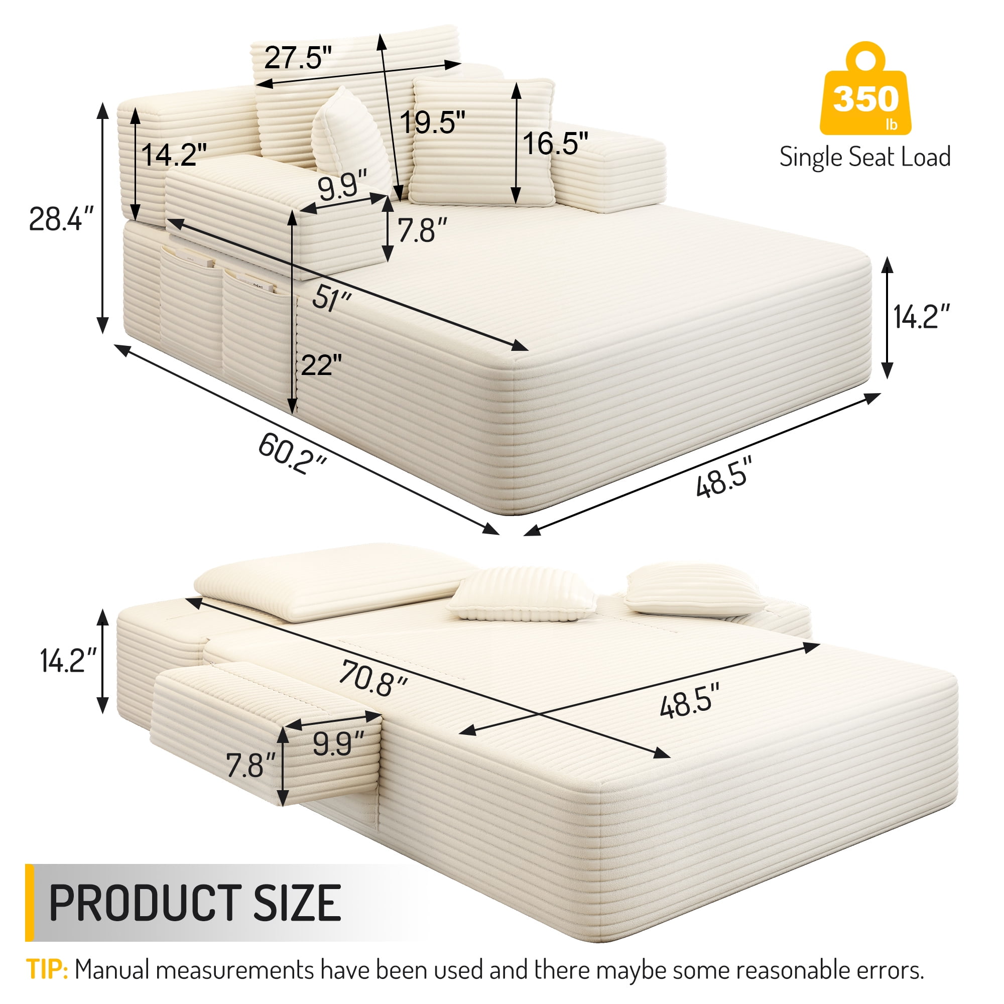 Aukfa Chaise Lounge Chair Indoor, Oversized Corduroy Boneless Sleeper Sofa Bed with Storage Pockets, Adjustable Backrest&3 Pillows, Reading Couch for Living Room Apartment, Beige