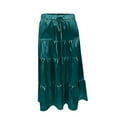thumbnail image 4 of Women Satin Maxi Skirt 2025 High Waisted Elastic Tiered A-Line Swing Party Cocktail Skirt Flowy Flared Ruffle Hem Elegant Boho Formal Midi Skirt Dressy Evening Attire Fall Wedding Guest Outfit, 4 of 5