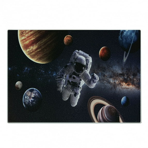 Outer Space Cutting Board, Astronaut Between Planets Mars Neptune Jupiter Plasma Ethereal Sphere Picture, Decorative Tempered Glass Cutting and Serving Board, Small Size, Multicolor, by Ambesonne